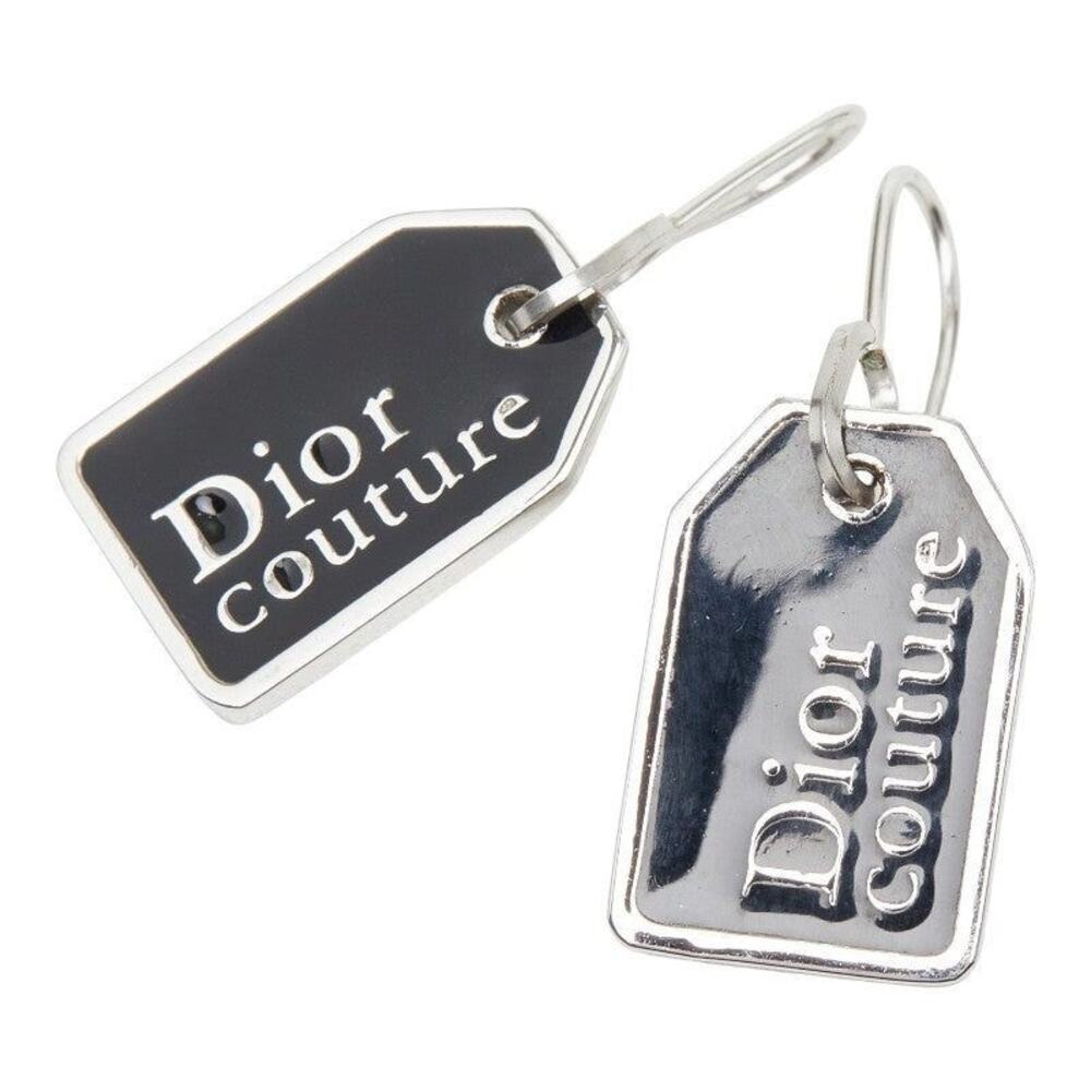 Dior Logo Plate Pierced Earrings Silver Black